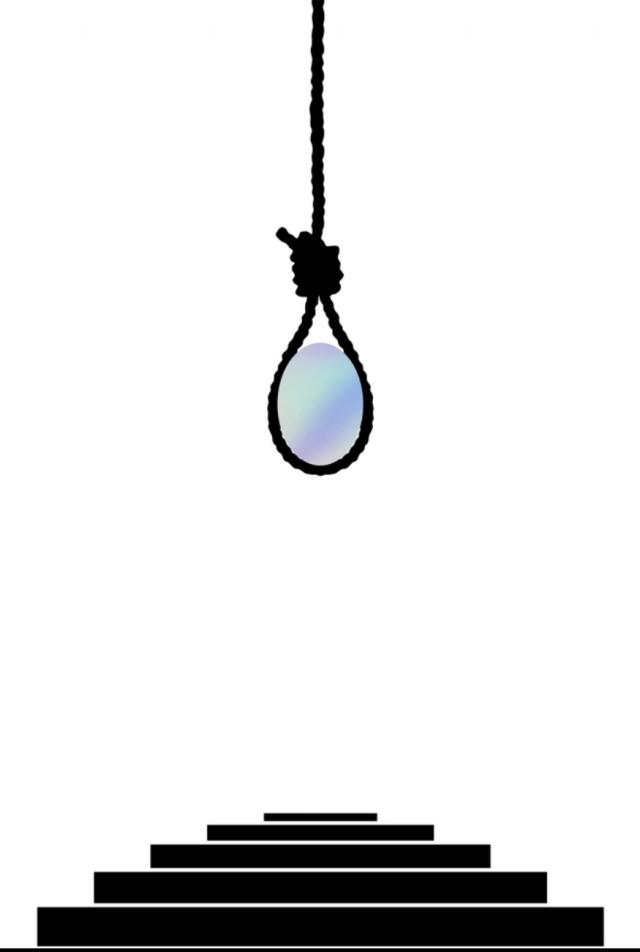 image of white back drop with black stairs below and a mirror, lightbulb image held in a noose hanging from top of image