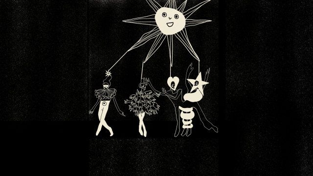 black and white images of 4 clown characters and the sun