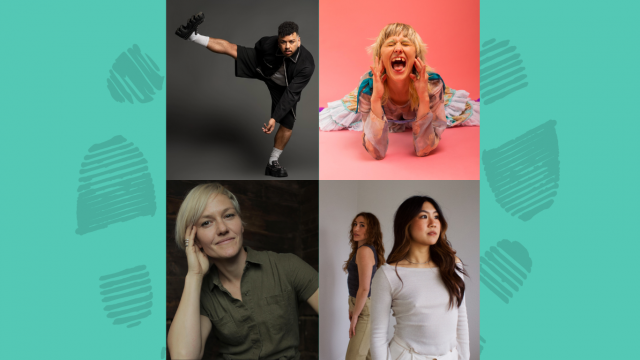 four boxes with different images of people posing against a teal backdrop