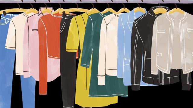 multi color drawings of garments hanging on a rack against a black background