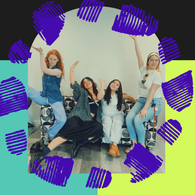 four people sitting on a couch striking funny dance poses on a colorful backdrop